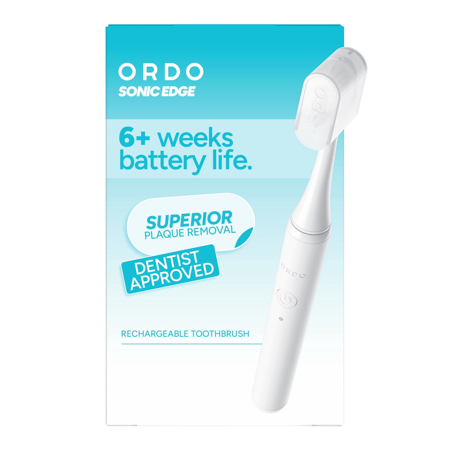 Ordo Sonic Edge white rechargeable toothbrush boxed packaging with feature badges and blue gradient background