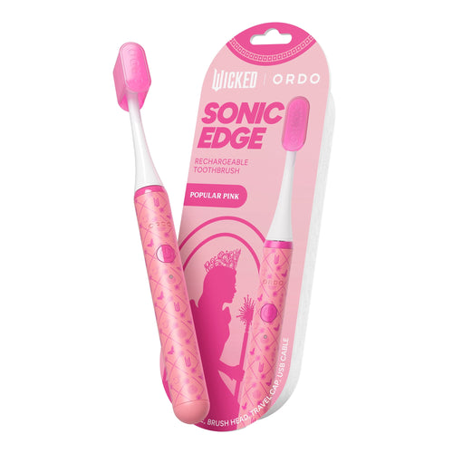 Pink Ordo Sonic Edge rechargeable toothbrush with Wicked packaging and silhouette motif