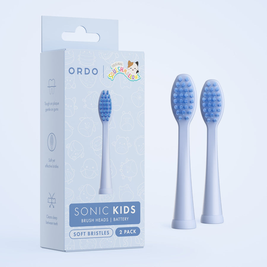 Product packaging for Ordo Sonic Kids replacement brush heads with two pale-blue brush heads shown beside the box.