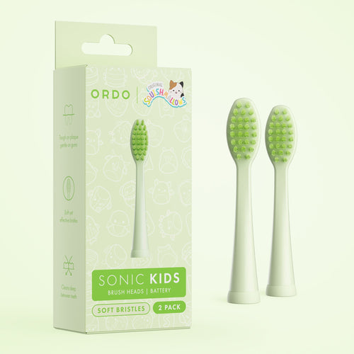 Light green Ordo Sonic Kids replacement brush heads packaging with two green-bristled toothbrush heads displayed beside the box.