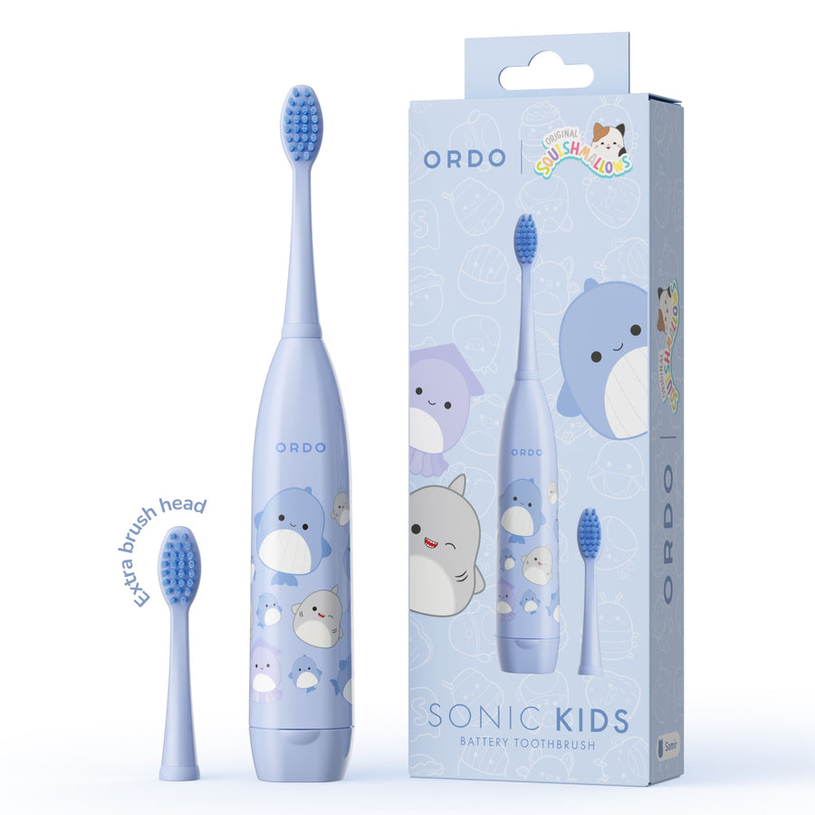 Blue Ordo kids sonic toothbrush with Squishmallows Samir characters, extra brush head and packaged box displayed on white background.