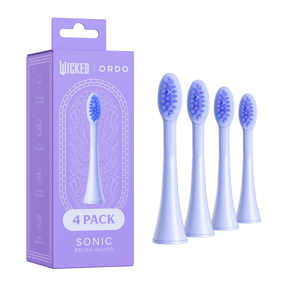 Purple Wicked | Ordo branded box labeled ‘4 pack’ beside four lavender sonic brush heads on white background