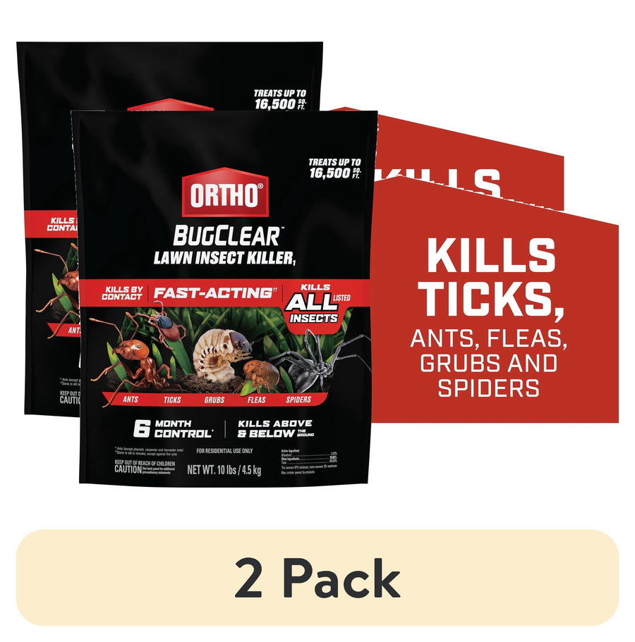 Two Ortho BugClear lawn insect killer bags displayed with a red callout reading kills ticks, ants, fleas, grubs and spiders