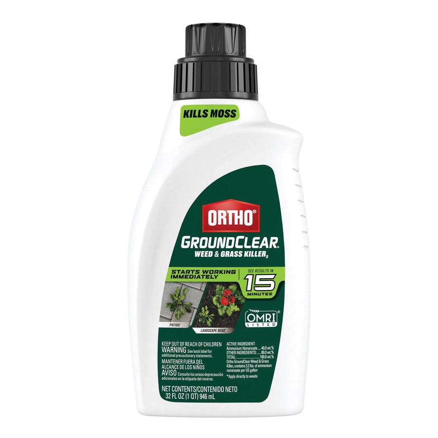 White bottle of Ortho GroundClear weed & grass killer concentrate with green label and black cap on white background.