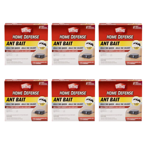 Six Ortho Home Defense Ant Bait boxes arranged in two rows on white background, packaging visible