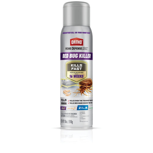 Ortho Home Defense Max bed bug killer aerosol can with product label and bed bug illustration on white background.