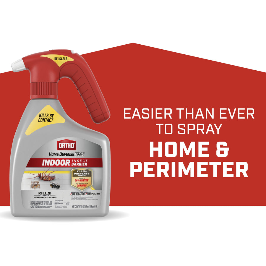 Ortho Home Defense Max indoor spray bottle with red trigger shown against red graphic reading home & perimeter