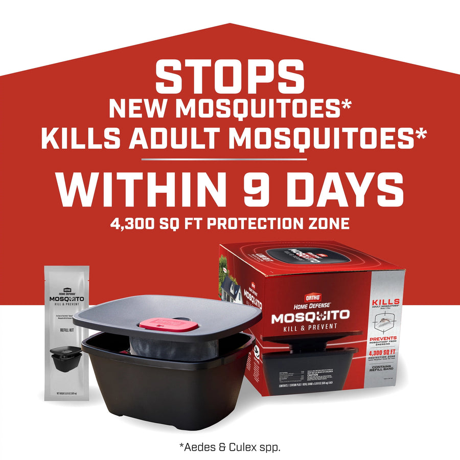 Ortho Home Defense mosquito station, refill packet and boxed packaging on white background