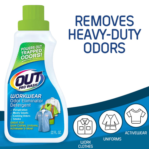 Bottle of OUT ProWash Workwear odor eliminator detergent label with claim ‘removes heavy-duty odors’ and icons