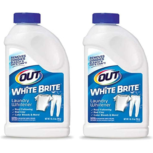 Two OUT White Brite laundry whitener bottles with blue labels and purple caps shown side-by-side on a white background.