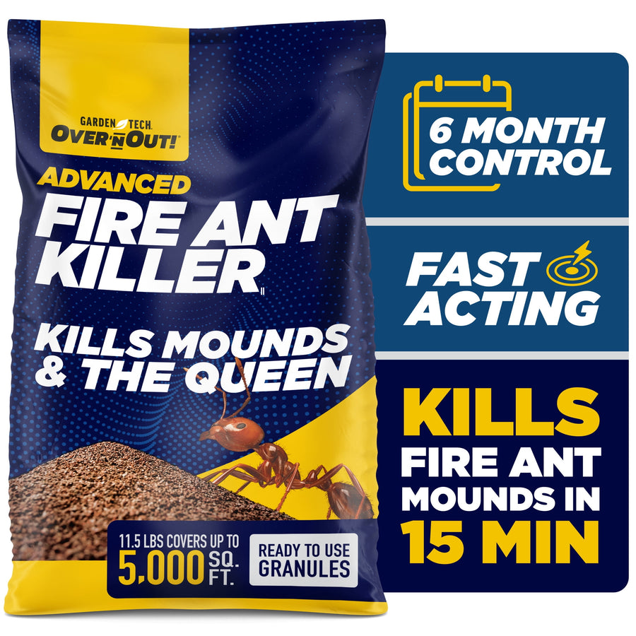 Bag of Over 'N Out Advanced Fire Ant Killer granules with product name, ant illustration and promotional callouts