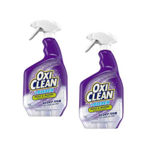 Two purple OxiClean +Bleach no-drip foam spray bottles shown on white background