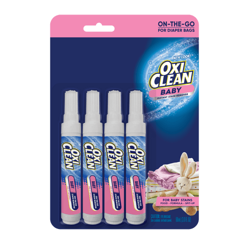 Blister pack of four OxiClean Baby on-the-go stain remover pens displayed on branded blue and pink card with product logo.