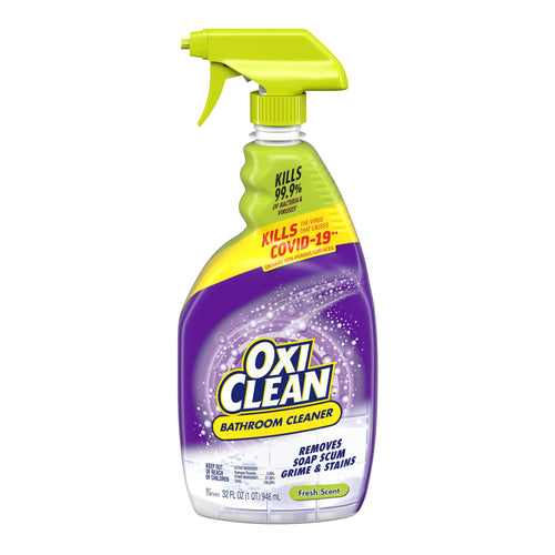 OxiClean bathroom cleaner purple spray bottle with green trigger and label reading OxiClean