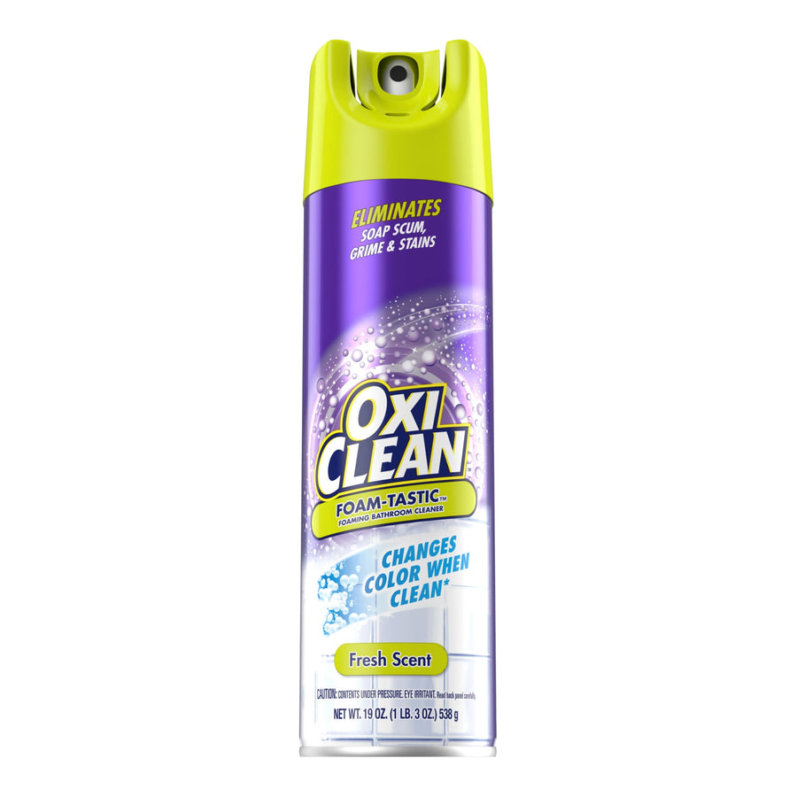 Isolated OxiClean Foam-Tastic aerosol can on white background showing product branding and fresh scent label
