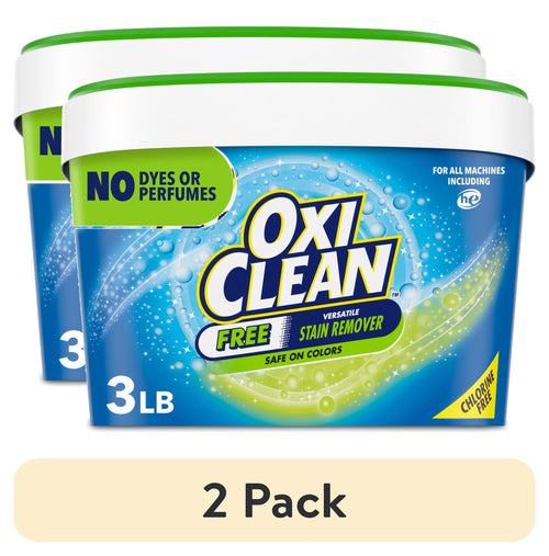 Two OxiClean Free blue tubs with green lids shown as a 2-pack, front-facing label visible