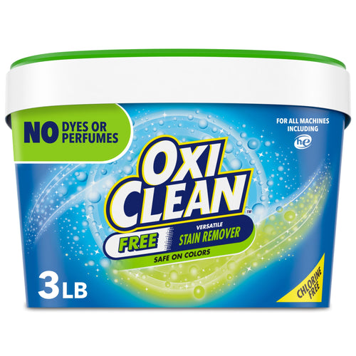 Close-up of OxiClean Free blue tub with green lid showing brand logo and 'No dyes or perfumes' label on front.