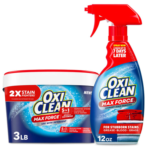 oxiclean max force set with a 3 lb powder tub and a 12 oz spray bottle shown side by side