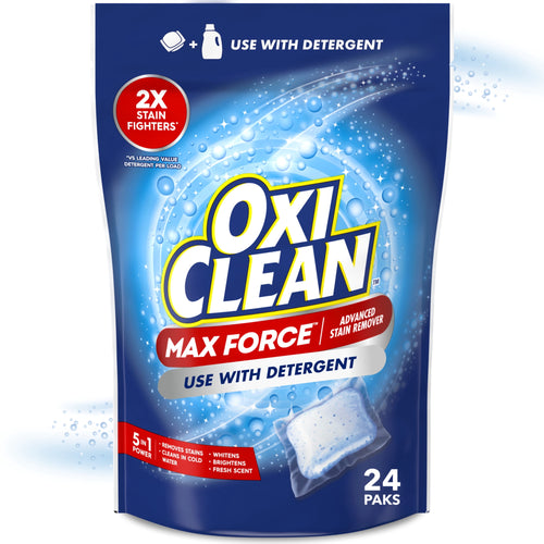 Blue pouch of OxiClean Max Force Power Paks with logo, a single dissolvable pod graphic and '24 paks' count