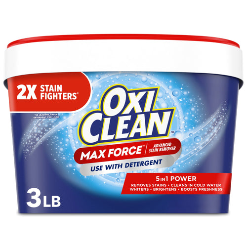 OxiClean Max Force blue tub with red lid showing 3 lb label and product branding on white background