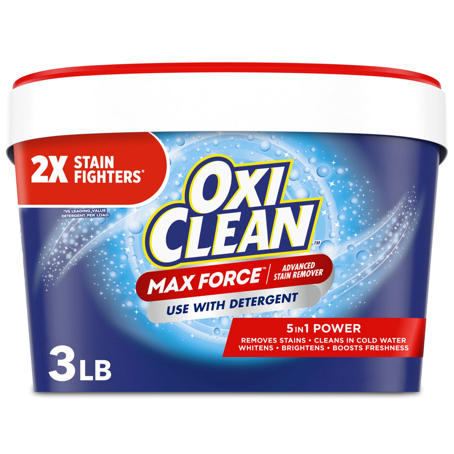 OxiClean Max Force blue tub with red lid showing 3 lb label and product branding on white background