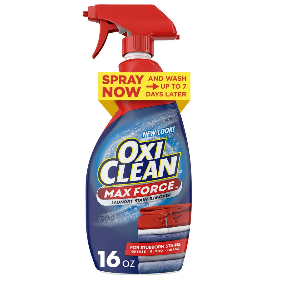 Front view of OxiClean Max Force spray bottle with red trigger and product label on blue background