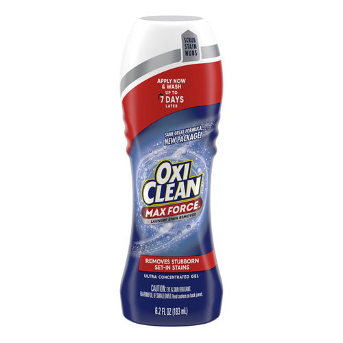 Front view of an OxiClean Max Force gel stick bottle with blue and red labeling and product branding.
