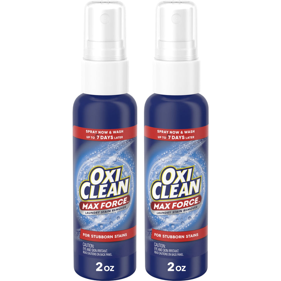 Two OxiClean Max Force 2 oz spray bottles with blue labels and white spray tops on a white background
