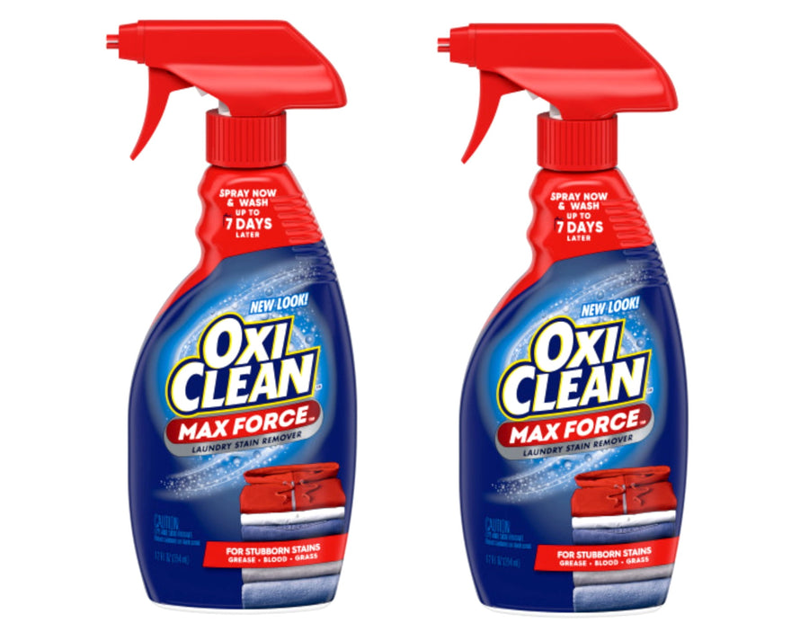 Two red‑spray OxiClean MaxForce laundry stain remover bottles shown side by side on white background.