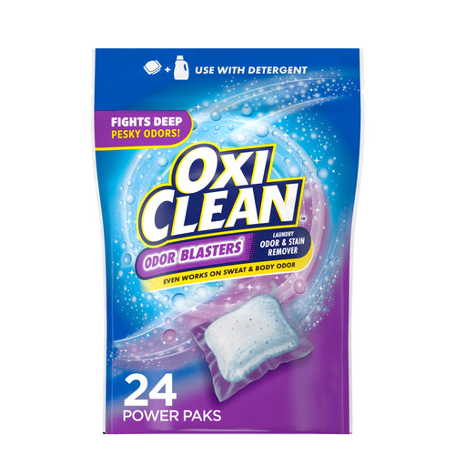 Single pouch of OxiClean Odor Blasters 24 power paks with purple and blue packaging and an illustrated detergent pod on the front.