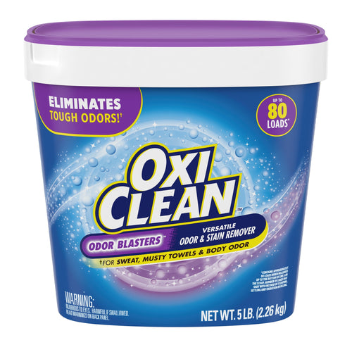 Front-facing OxiClean Odor Blasters blue tub with purple lid and prominent OxiClean logo