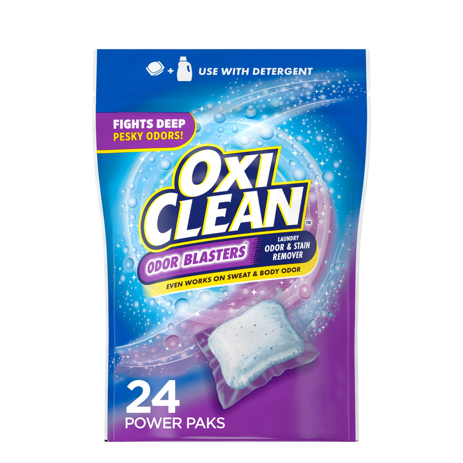 Front-facing pouch of OxiClean Odor Blasters Power Paks with prominent logo and single pod image on blue and purple background