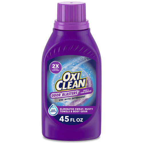 Purple OxiClean Odor Blasters liquid laundry additive bottle with label and 45 fl oz shown on white background