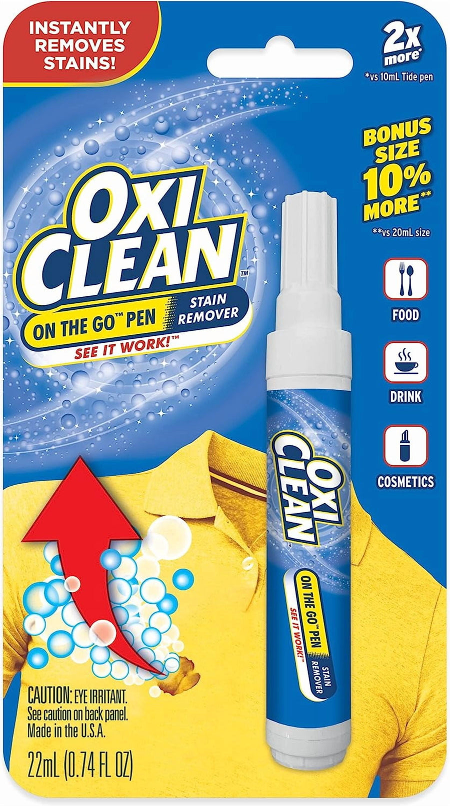 OxiClean On The Go stain remover pen in blister card packaging with logo, pen image and yellow shirt graphic