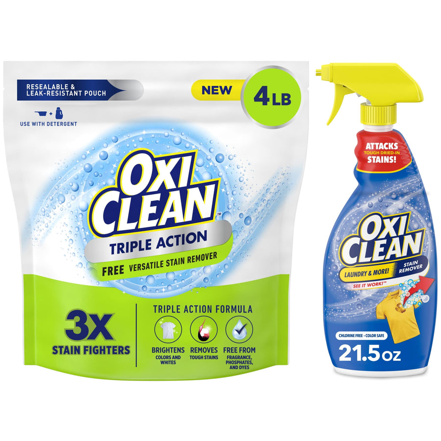 OxiClean triple action powder pouch paired with OxiClean blue stain remover spray bottle on white background.