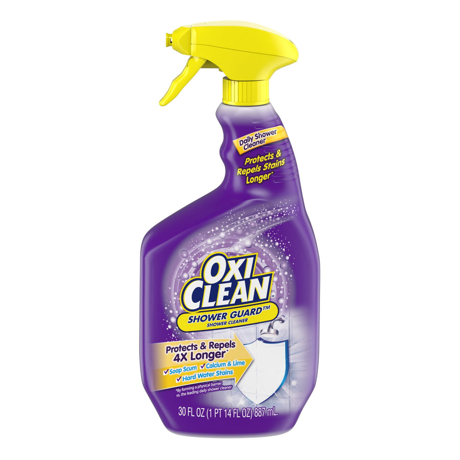 Purple OxiClean Shower Guard spray bottle with yellow trigger, front label visible