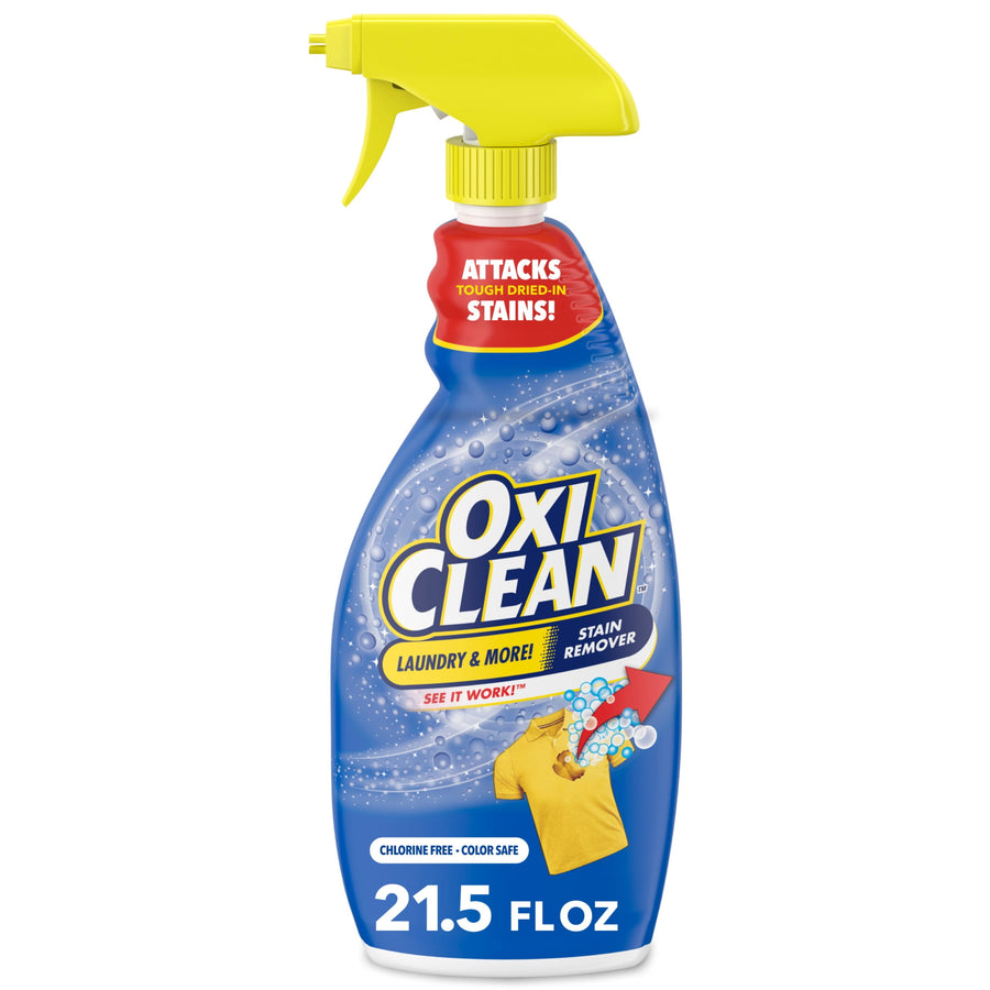 Front-facing OxiClean spray bottle with yellow trigger, blue label and visible 21.5 fl oz marking
