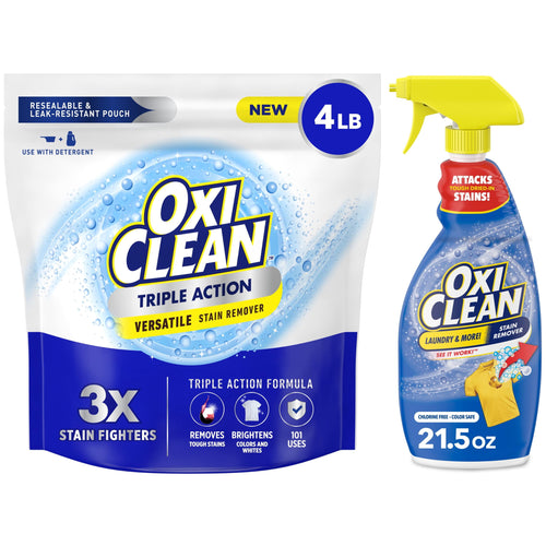 Bundle photo showing OxiClean triple action powder pouch next to OxiClean stain remover spray