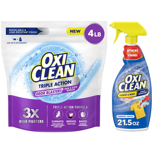OxiClean triple action odor blasters 4 lb pouch paired with OxiClean stain remover spray with yellow trigger on white background