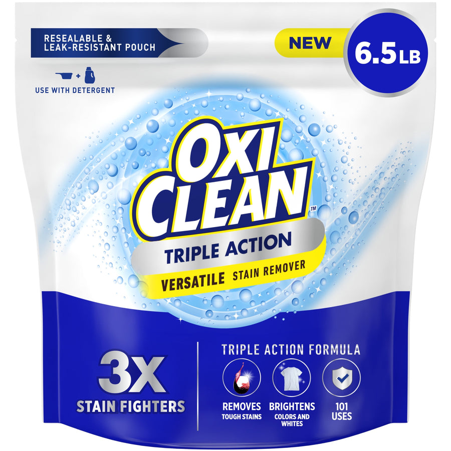 OxiClean Triple Action resealable pouch packaging with blue logo, 3X stain fighters badge and bubbly design