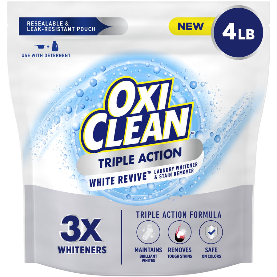 Front-facing OxiClean Triple Action White Revive resealable pouch with branding and 3X whiteners callout
