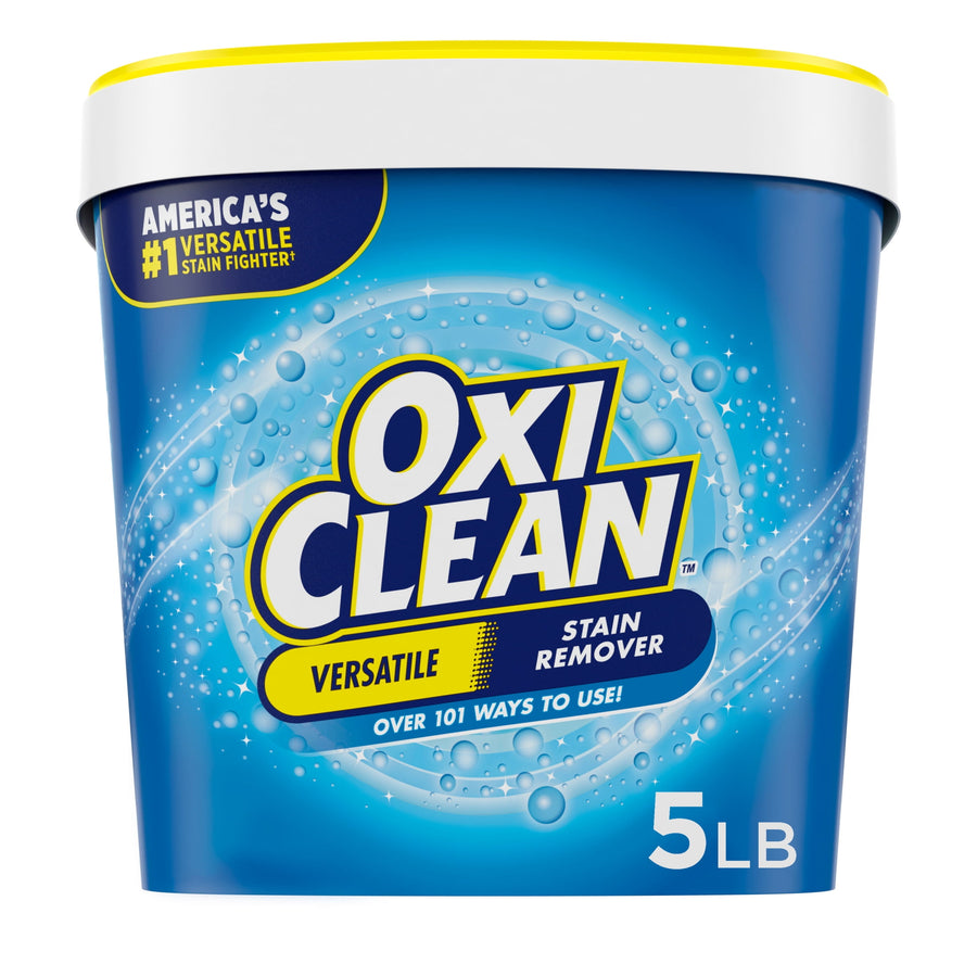 Front view of a blue OxiClean tub with yellow lid labeled versatile stain remover, 5 lb branding