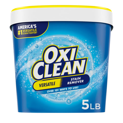 Front view of a blue OxiClean tub with yellow lid labeled versatile stain remover, 5 lb branding