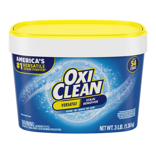 Single OxiClean versatile stain remover blue plastic tub with yellow lid and product logo on white background