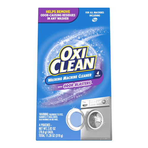 Single OxiClean washing machine cleaner box with prominent logo, washing machine illustration and product information on blue packaging
