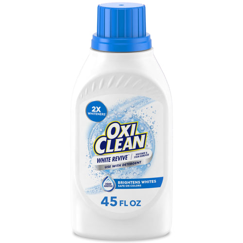 White OxiClean White Revive liquid bottle with blue cap and label reading OxiClean and 45 fl oz volume