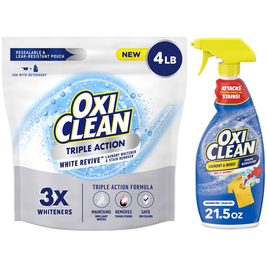 OxiClean Triple Action White Revive resealable pouch alongside OxiClean stain remover spray with yellow trigger