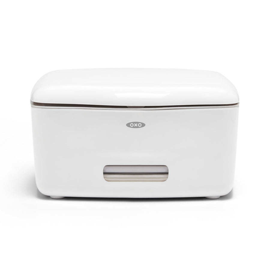 White OXO rectangular wipe dispenser with small front window on white background