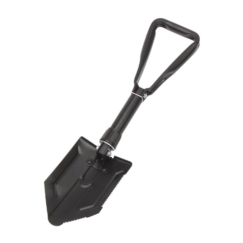 Black Ozark Trail folding steel shovel with D-handle and serrated blade end on white background