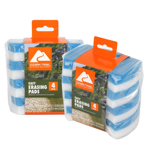 Two packages of Ozark Trail easy erasing pads with orange hang-tabs and blue-and-white sponge stacks visible through clear wrap